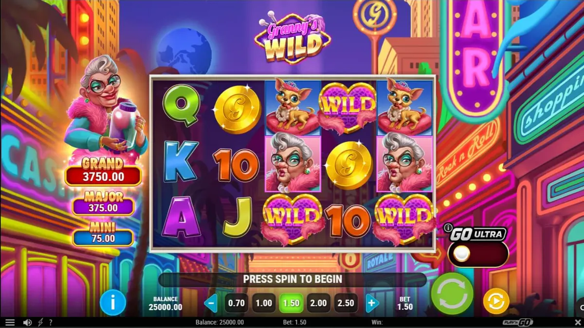 Tampilan antarmuka seluler permainan slot Granny's Wild dengan latar belakang neon Vegas.