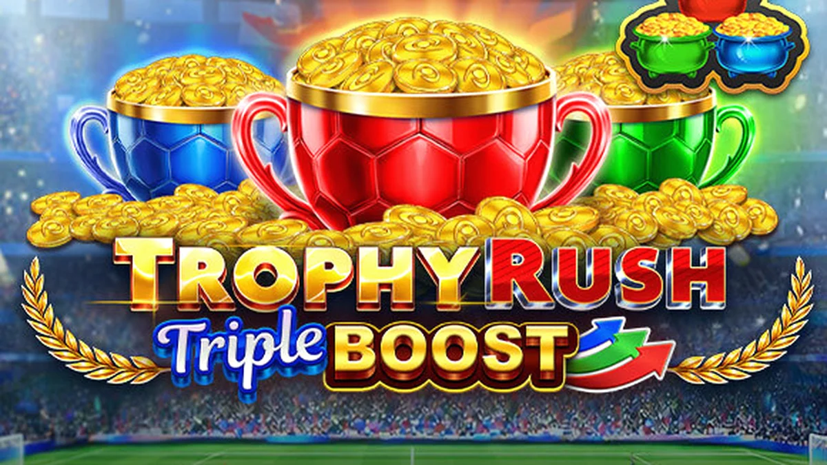 Tampilan visual slot Trophy Rush Triple Boost dengan elemen koin emas dan latar belakang stadion